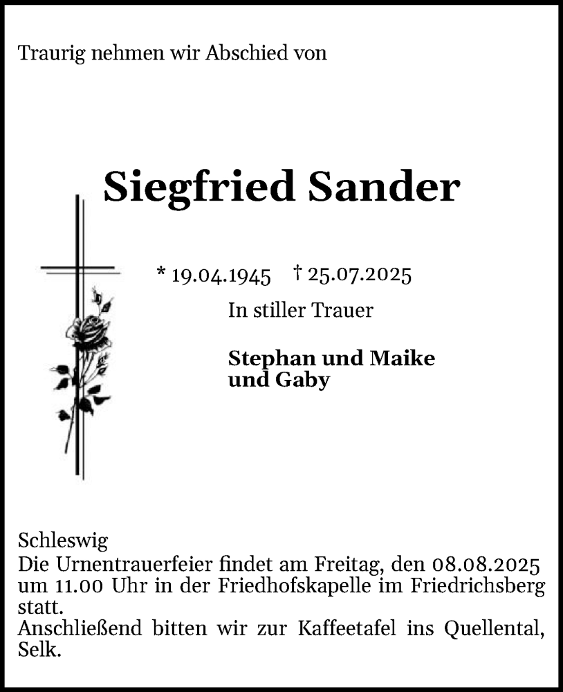  Traueranzeige für Siegfried Sander vom 02.08.2025 aus Schleswiger Nachrichten, Schlei-Bote