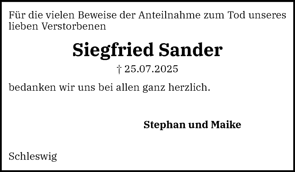  Traueranzeige für Siegfried Sander vom 14.08.2025 aus Schleswiger Nachrichten, Schlei-Bote