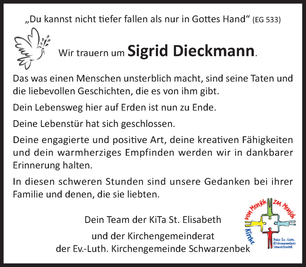  Traueranzeige für Sigrid Dieckmann vom 02.08.2025 aus Wochenend Anzeiger