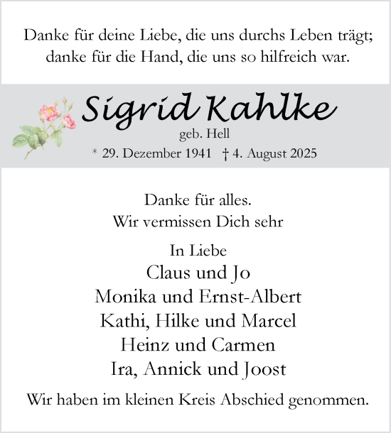 Traueranzeige von Sigrid Kahlke von Uetersener Nachrichten, Der tip am Wochenende