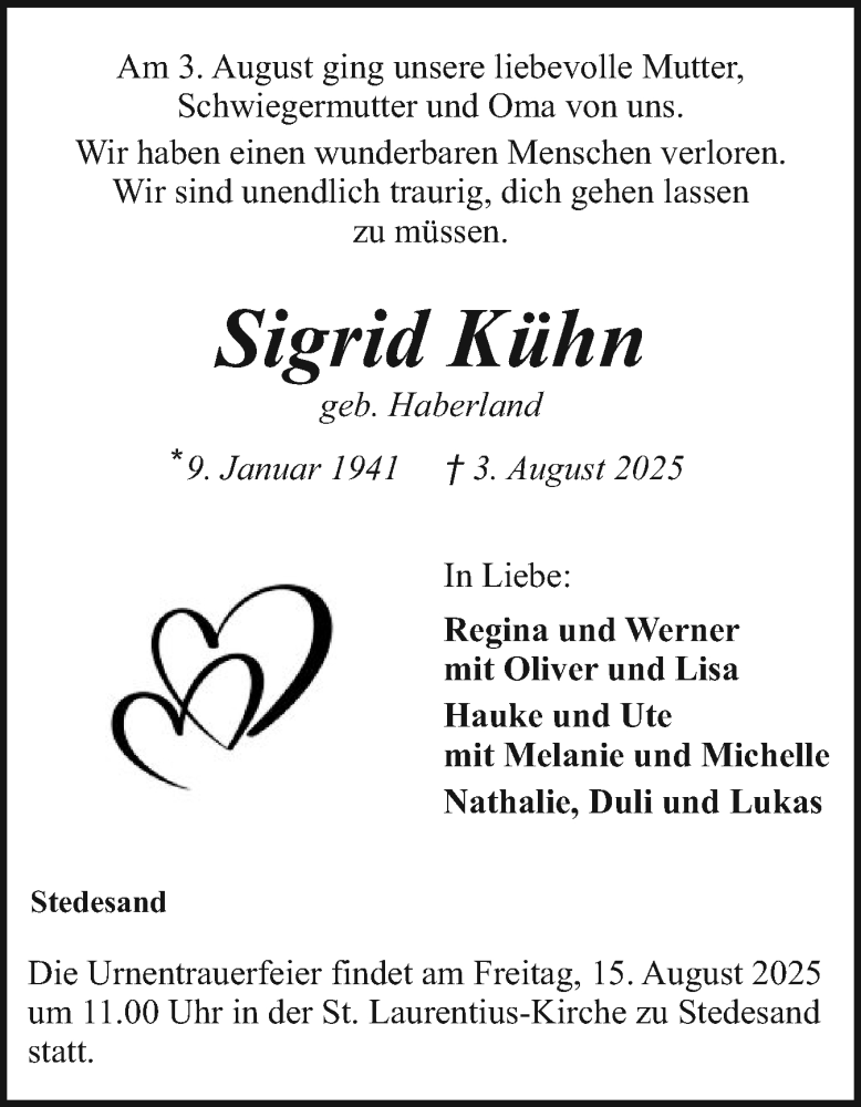  Traueranzeige für Sigrid Kühn vom 09.08.2025 aus Husumer Nachrichten, Nordfriesland Tageblatt