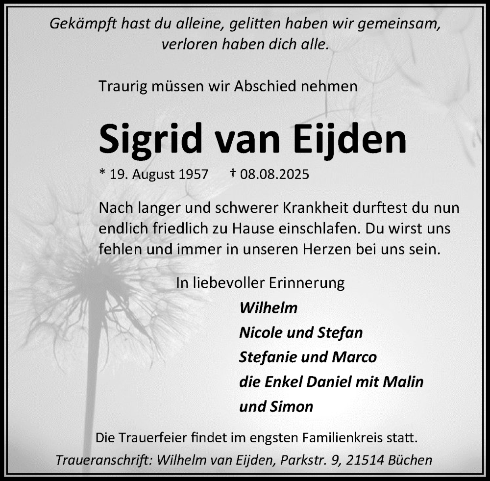  Traueranzeige für Sigrid van Eijden vom 16.08.2025 aus Wochenend Anzeiger