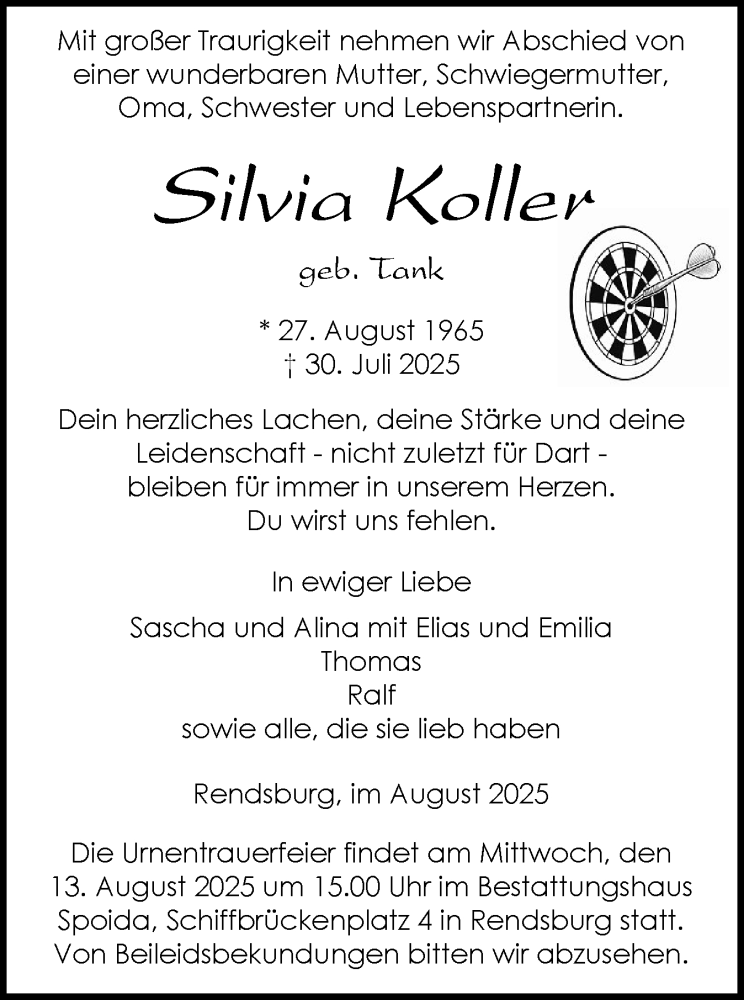  Traueranzeige für Silvia Koller vom 09.08.2025 aus Schleswig-Holsteinische Landeszeitung