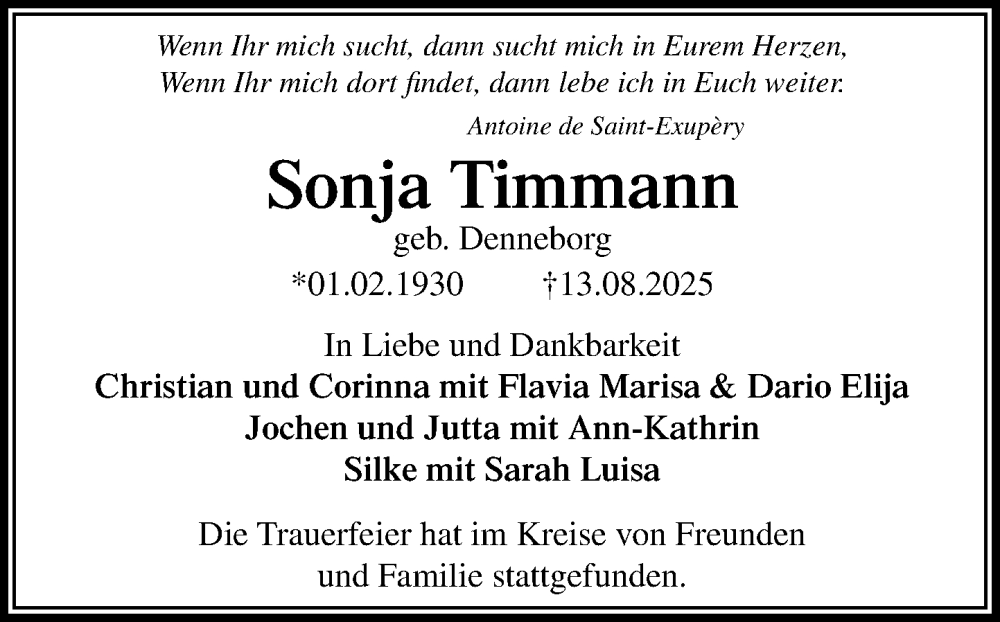  Traueranzeige für Sonja Timmann vom 30.08.2025 aus Heimatspiegel