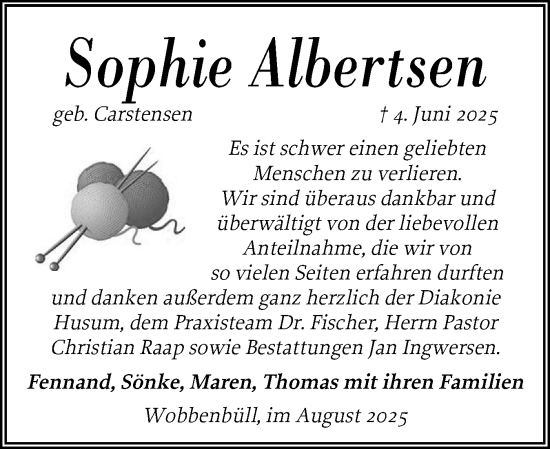Traueranzeige von Sophie Albertsen von Husumer Nachrichten, Nordfriesland Tageblatt