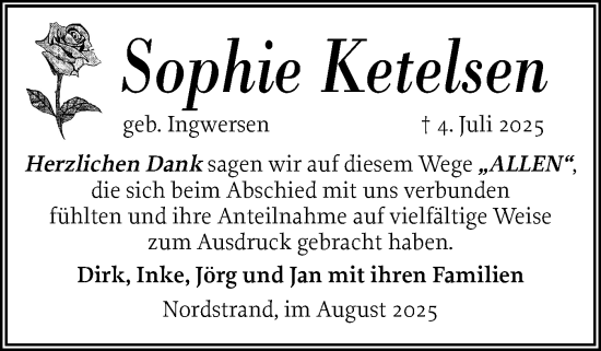 Traueranzeige von Sophie Ketelsen von Husumer Nachrichten, Nordfriesland Tageblatt