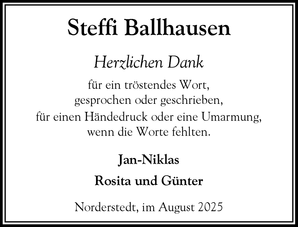  Traueranzeige für Steffi Ballhausen vom 09.08.2025 aus Heimatspiegel