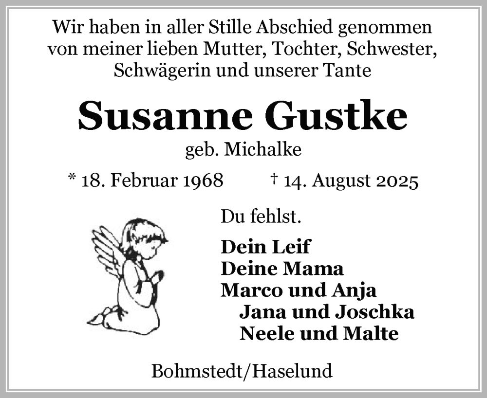  Traueranzeige für Susanne Gustke vom 30.08.2025 aus Husumer Nachrichten, Nordfriesland Tageblatt