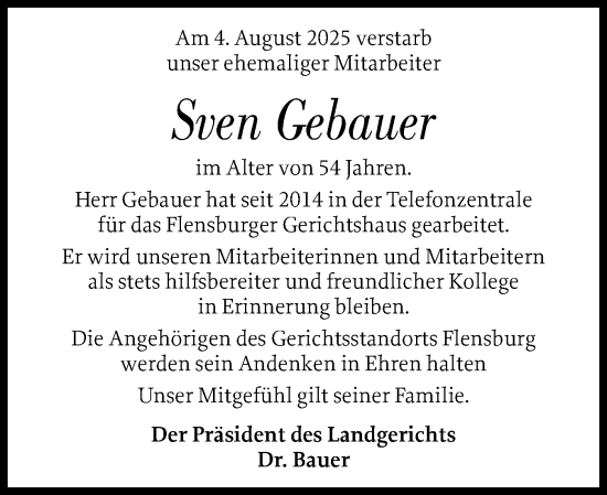 Traueranzeige von Sven Gebauer von Flensburger Tageblatt