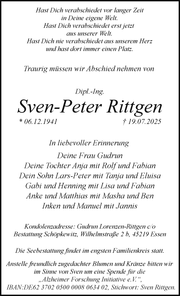  Traueranzeige für Sven-Peter Rittgen vom 02.08.2025 aus Eckernförder Zeitung