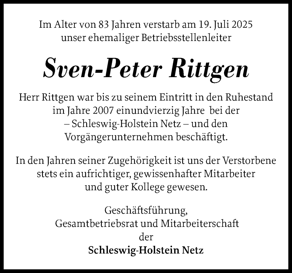  Traueranzeige für Sven-Peter Rittgen vom 02.08.2025 aus Husumer Nachrichten, Nordfriesland Tageblatt