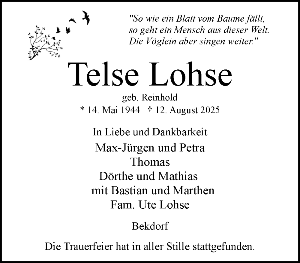  Traueranzeige für Telse Lohse vom 23.08.2025 aus Norddeutsche Rundschau, Wilstersche Zeitung, Glückstädter Fortuna