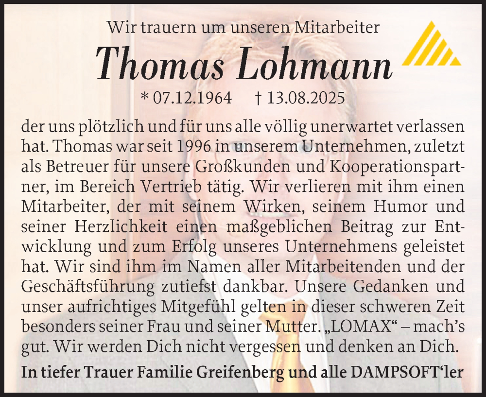  Traueranzeige für Thomas Lohmann vom 30.08.2025 aus Eckernförder Zeitung, Hallo Eckernförde