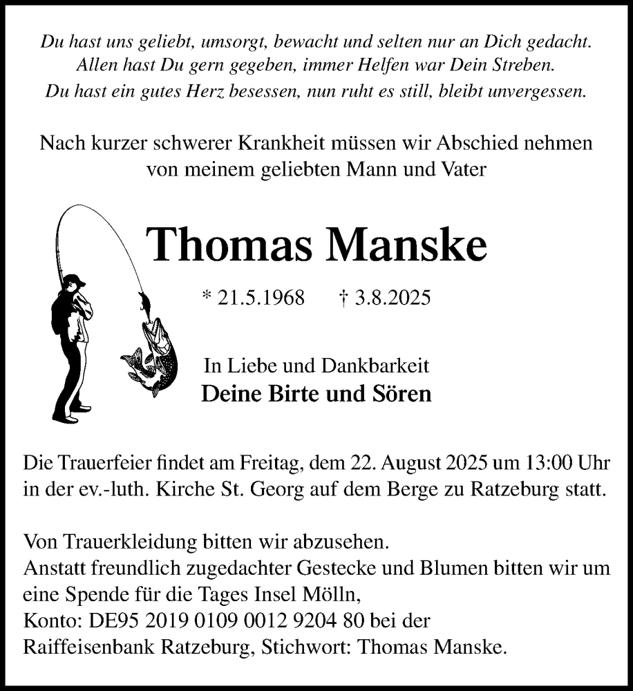  Traueranzeige für Thomas Manske vom 09.08.2025 aus MARKT Ratzeburg/Mölln