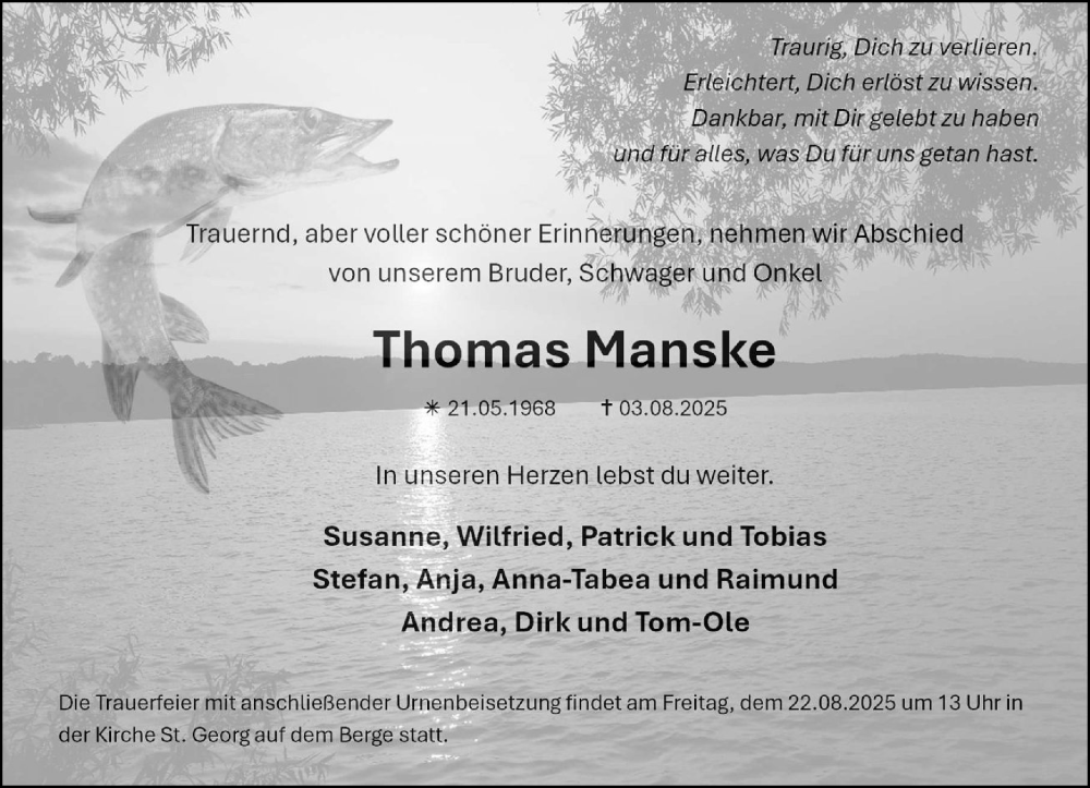  Traueranzeige für Thomas Manske vom 09.08.2025 aus MARKT Ratzeburg/Mölln