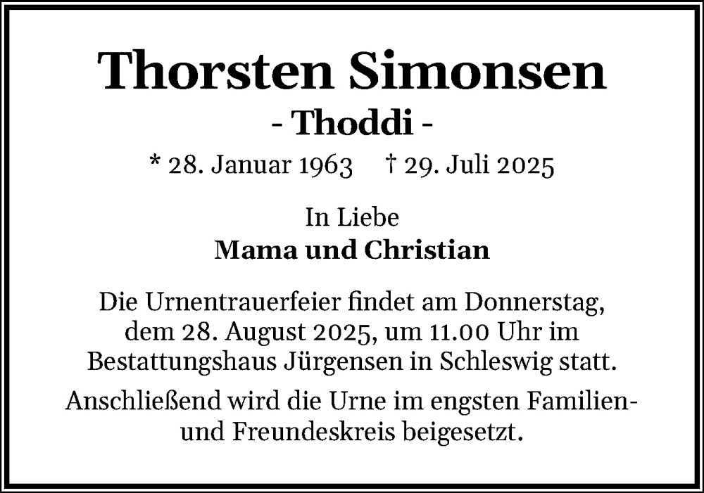  Traueranzeige für Thorsten Simonsen vom 23.08.2025 aus Schleswiger Nachrichten, Schlei-Bote