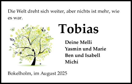 Traueranzeige von Tobias  von Schleswig-Holsteinische Landeszeitung