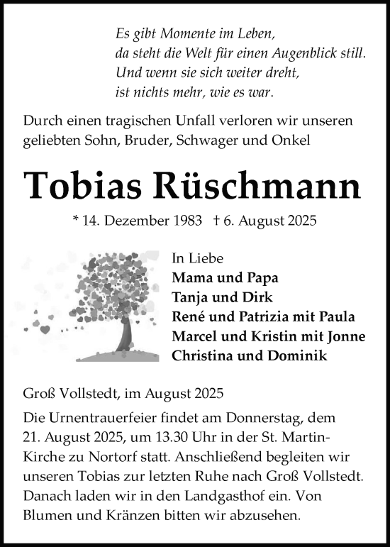Traueranzeige von Tobias Rüschmann von Schleswig-Holsteinische Landeszeitung
