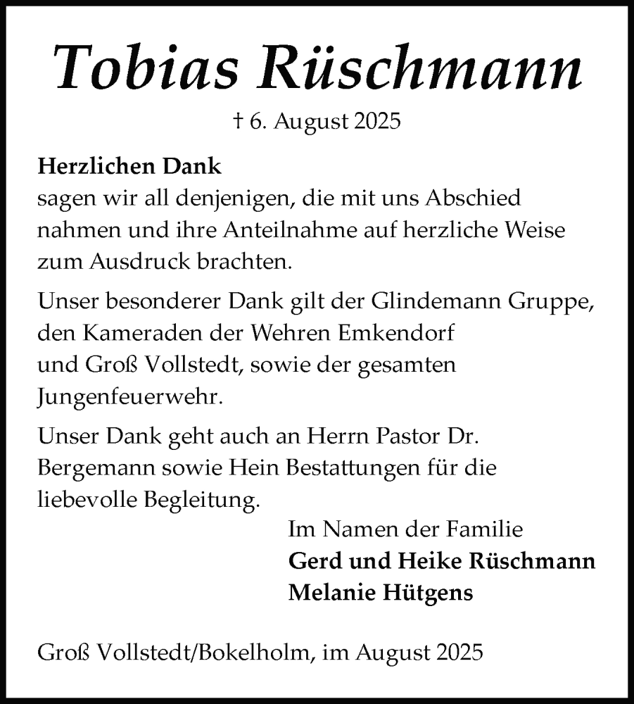  Traueranzeige für Tobias Rüschmann vom 30.08.2025 aus Schleswig-Holsteinische Landeszeitung