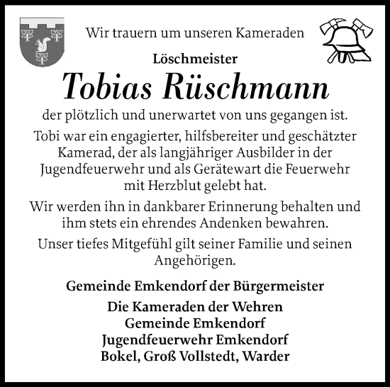 Traueranzeige von Tobias Rüschmann von Schleswig-Holsteinische Landeszeitung