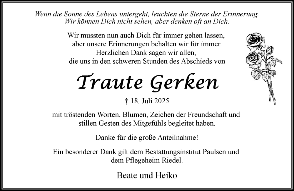  Traueranzeige für Traute Gerken vom 23.08.2025 aus MARKT Bad Oldesloe/Reinfeld, MARKT Ahrensburg/Bargteheide/Trittau und Stormarner Tageblatt