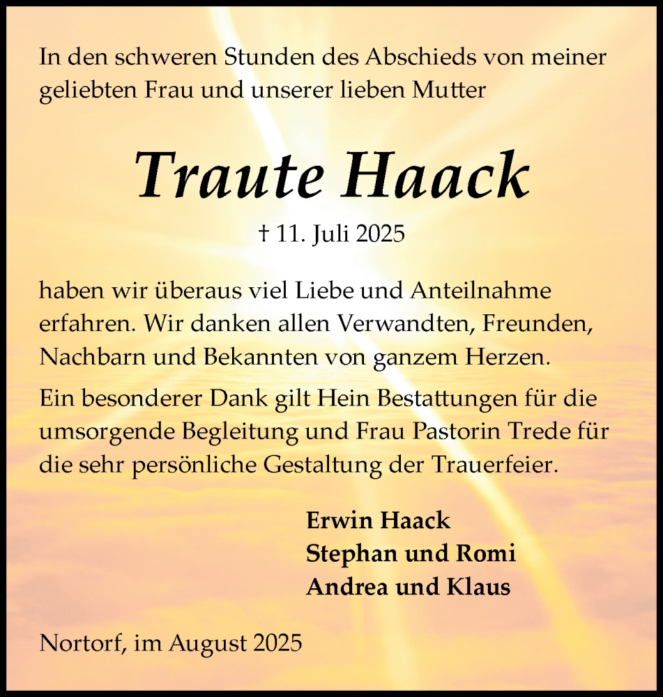  Traueranzeige für Traute Haack vom 09.08.2025 aus Schleswig-Holsteinische Landeszeitung