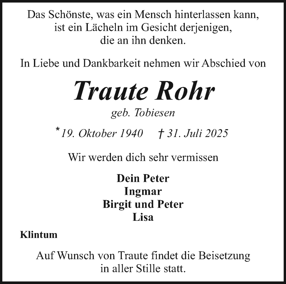  Traueranzeige für Traute Rohr vom 09.08.2025 aus Husumer Nachrichten, Nordfriesland Tageblatt