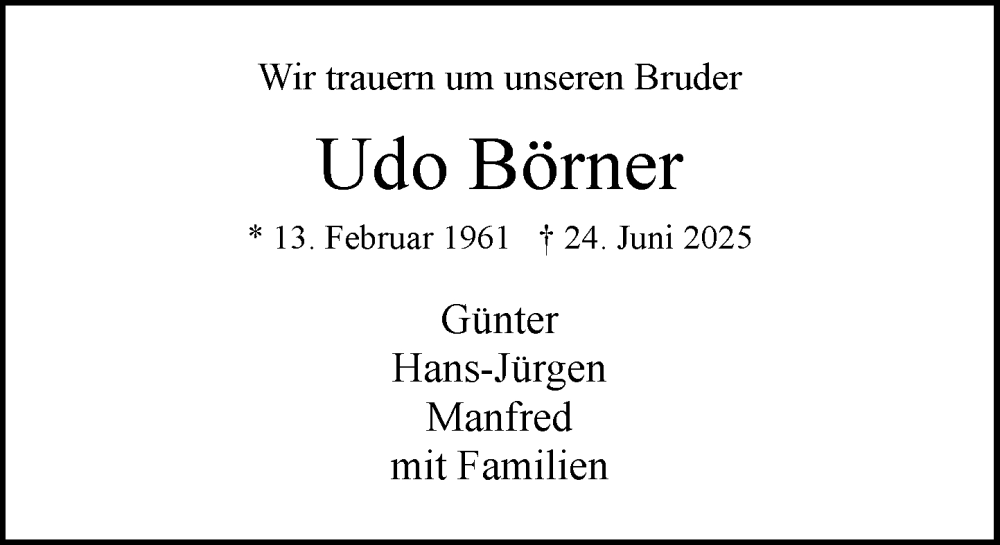  Traueranzeige für Udo Börner vom 02.08.2025 aus MARKT Ratzeburg/Mölln