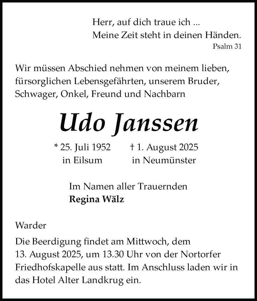  Traueranzeige für Udo Janssen vom 09.08.2025 aus Schleswig-Holsteinische Landeszeitung