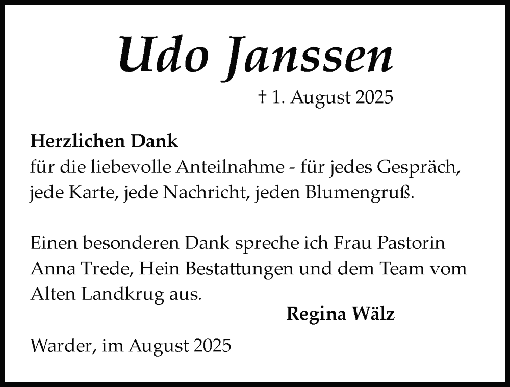  Traueranzeige für Udo Janssen vom 23.08.2025 aus Schleswig-Holsteinische Landeszeitung