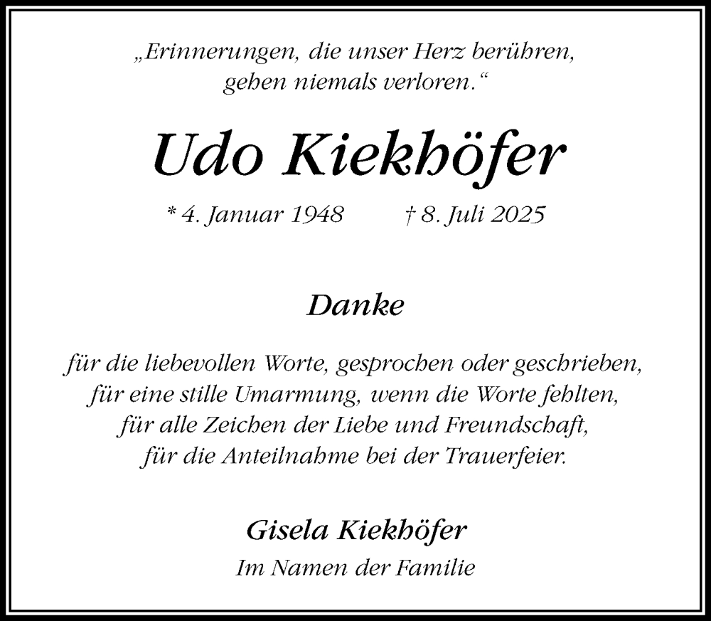  Traueranzeige für Udo Kiekhöfer vom 16.08.2025 aus MARKT Glinde/Reinbek