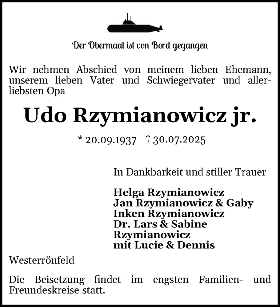  Traueranzeige für Udo Rzymianowicz vom 09.08.2025 aus Schleswig-Holsteinische Landeszeitung