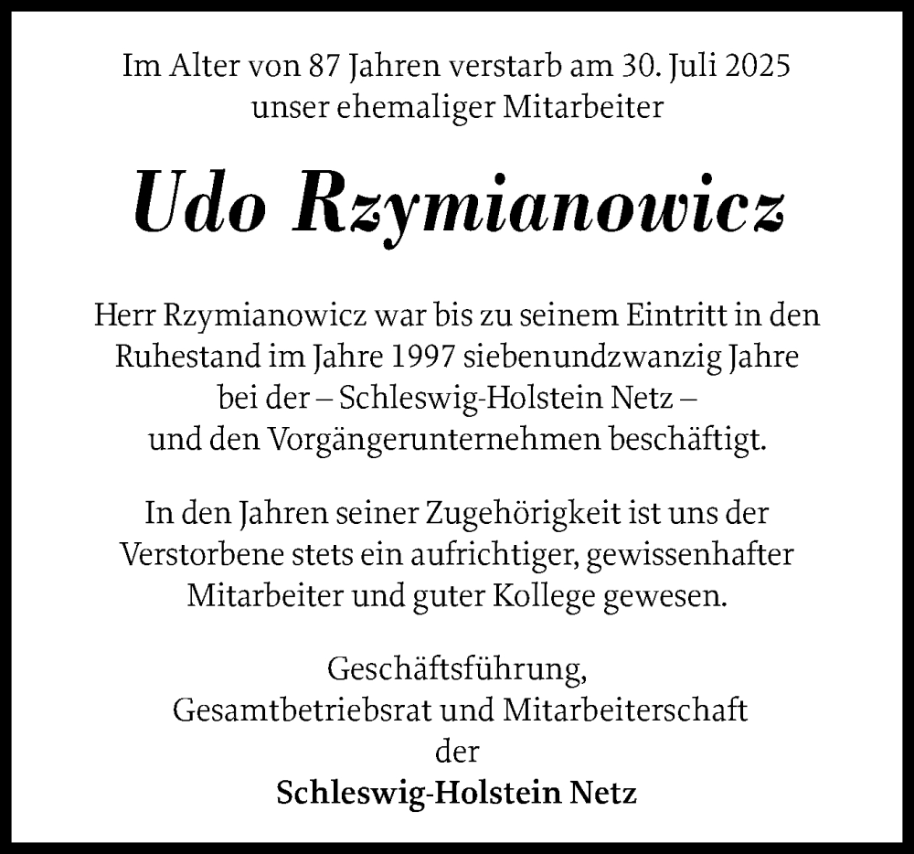  Traueranzeige für Udo Rzymianowicz vom 23.08.2025 aus Schleswig-Holsteinische Landeszeitung