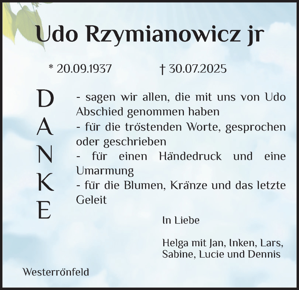  Traueranzeige für Udo Rzymianowicz vom 30.08.2025 aus Schleswig-Holsteinische Landeszeitung