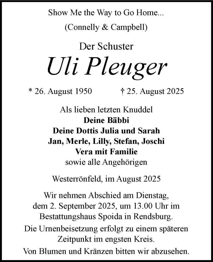 Traueranzeige für Uli Pleuger vom 30.08.2025 aus Schleswig-Holsteinische Landeszeitung