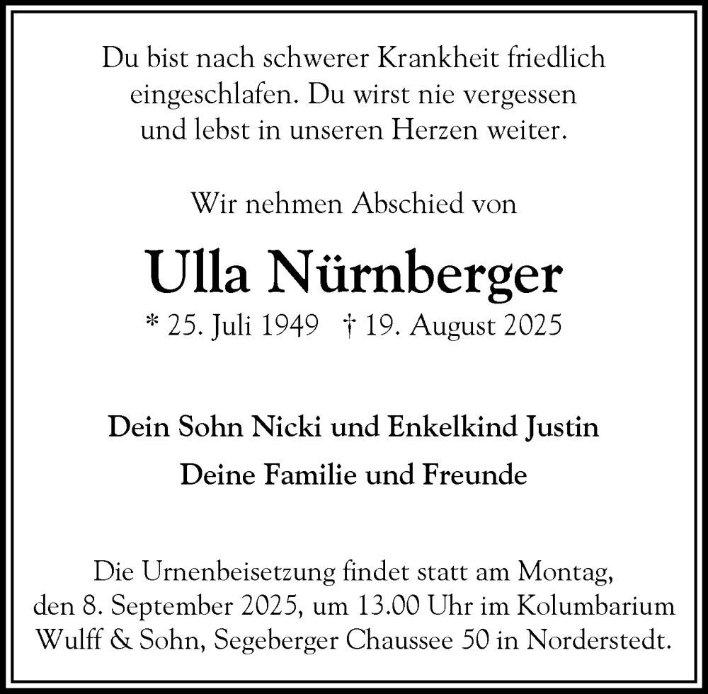  Traueranzeige für Ulla Nürnberger vom 30.08.2025 aus Heimatspiegel