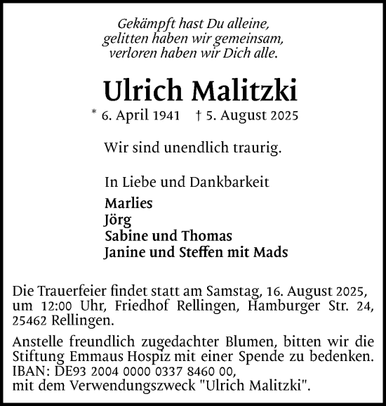 Traueranzeige von Ulrich Malitzki von Region Pinneberg und tip Pinneberg
