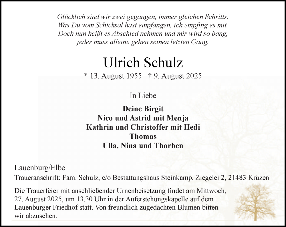  Traueranzeige für Ulrich Schulz vom 23.08.2025 aus Wochenend Anzeiger