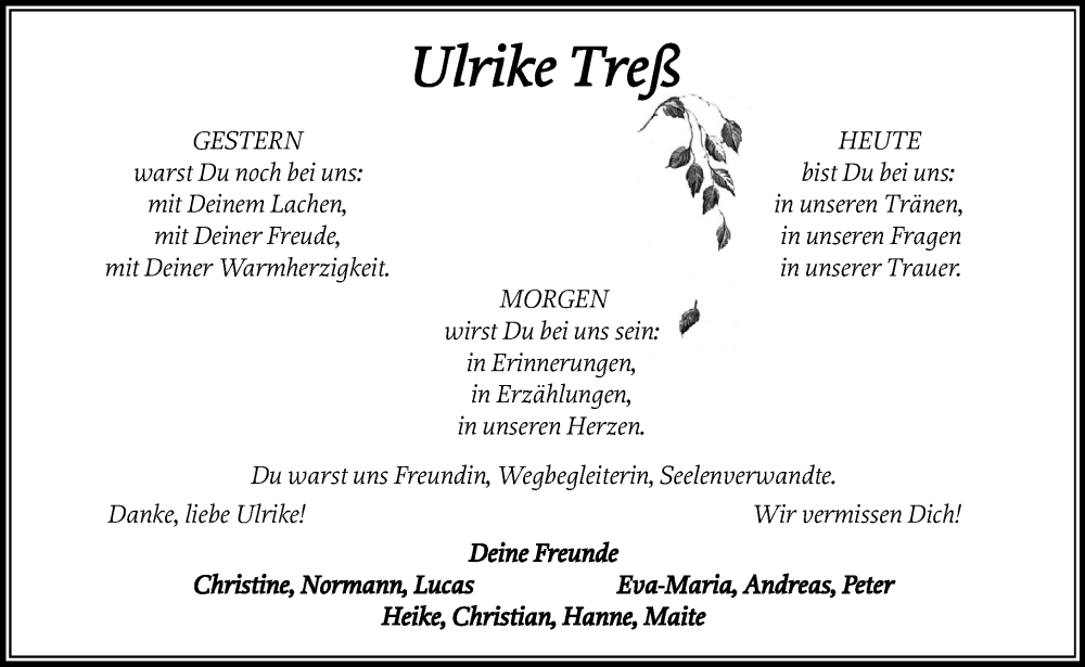  Traueranzeige für Ulrike Trefs vom 02.08.2025 aus Heimatspiegel