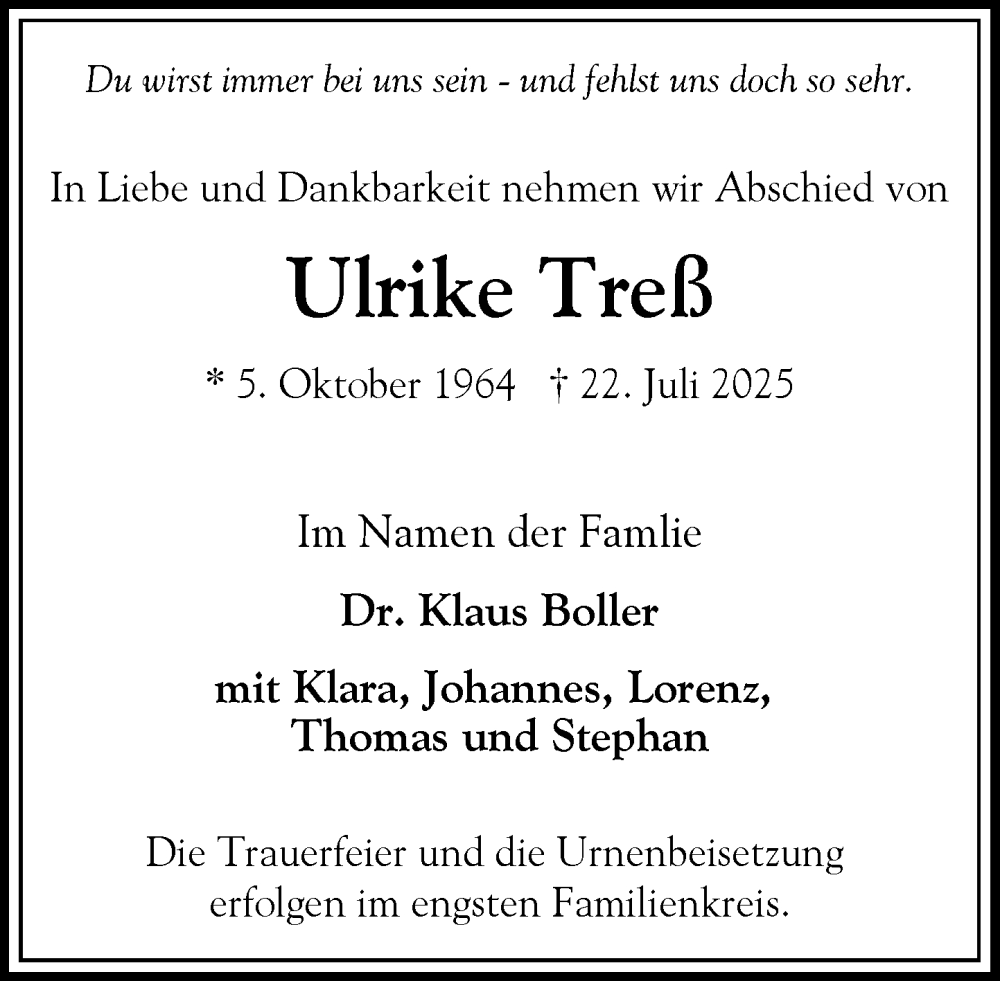  Traueranzeige für Ulrike Treß vom 02.08.2025 aus Heimatspiegel