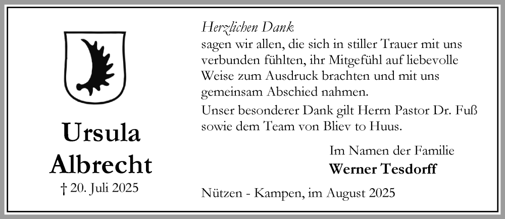  Traueranzeige für Ursula Albrecht vom 30.08.2025 aus Umschau