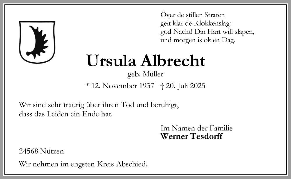  Traueranzeige für Ursula Albrecht vom 02.08.2025 aus Umschau