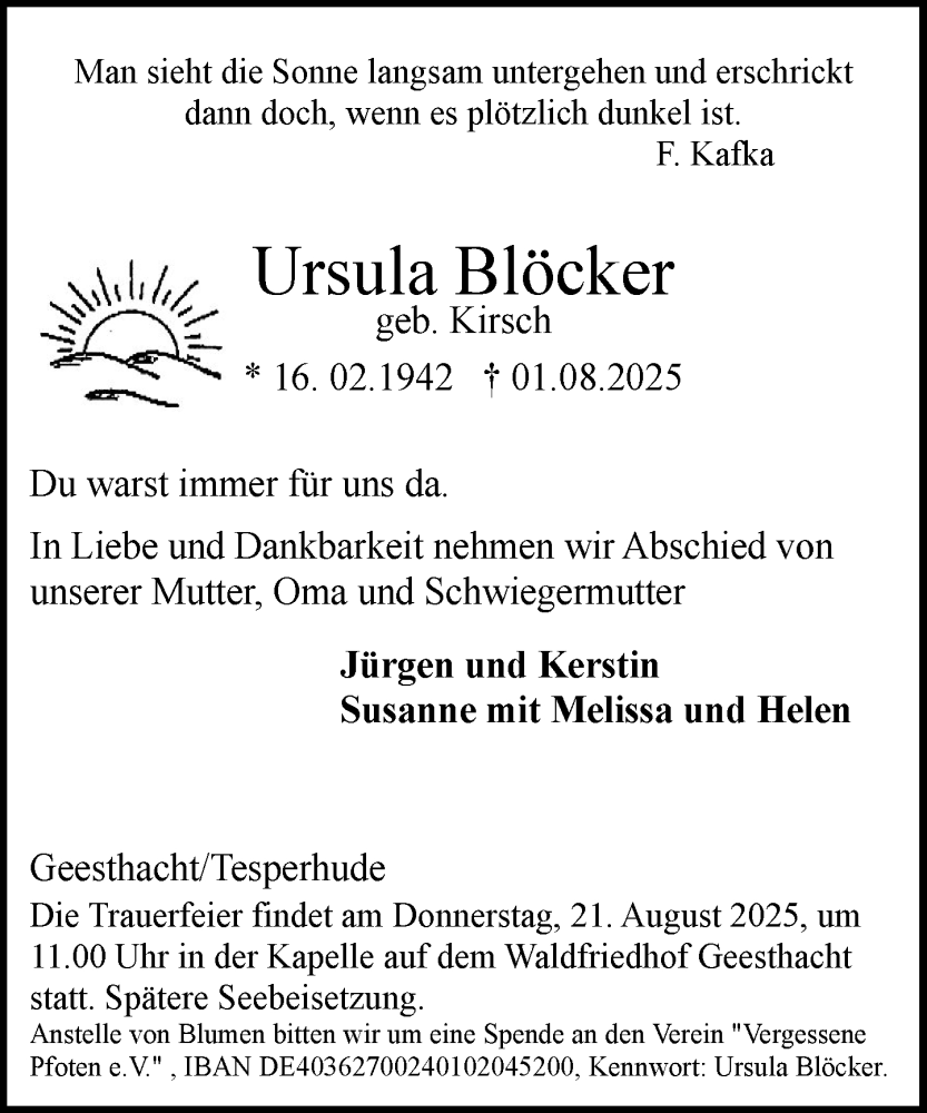  Traueranzeige für Ursula Blöcker vom 16.08.2025 aus Wochenend Anzeiger