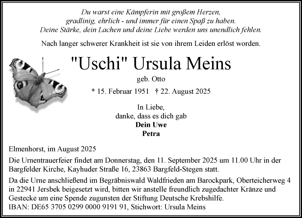  Traueranzeige für Ursula Meins vom 30.08.2025 aus MARKT Bad Oldesloe/Reinfeld, MARKT Ahrensburg/Bargteheide/Trittau und Stormarner Tageblatt