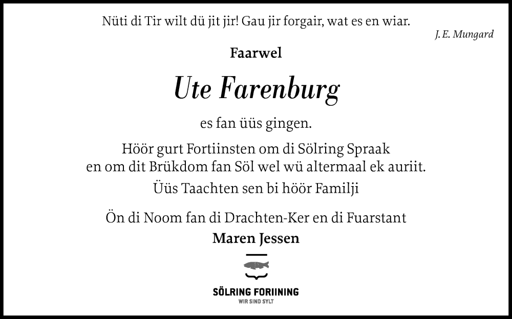  Traueranzeige für Ute Farenburg vom 22.08.2025 aus Sylter Rundschau