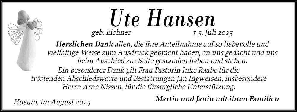  Traueranzeige für Ute Hansen vom 08.08.2025 aus Husumer Nachrichten, Nordfriesland Tageblatt