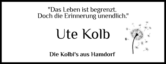 Traueranzeige von Ute Kolb von Schleswig-Holsteinische Landeszeitung