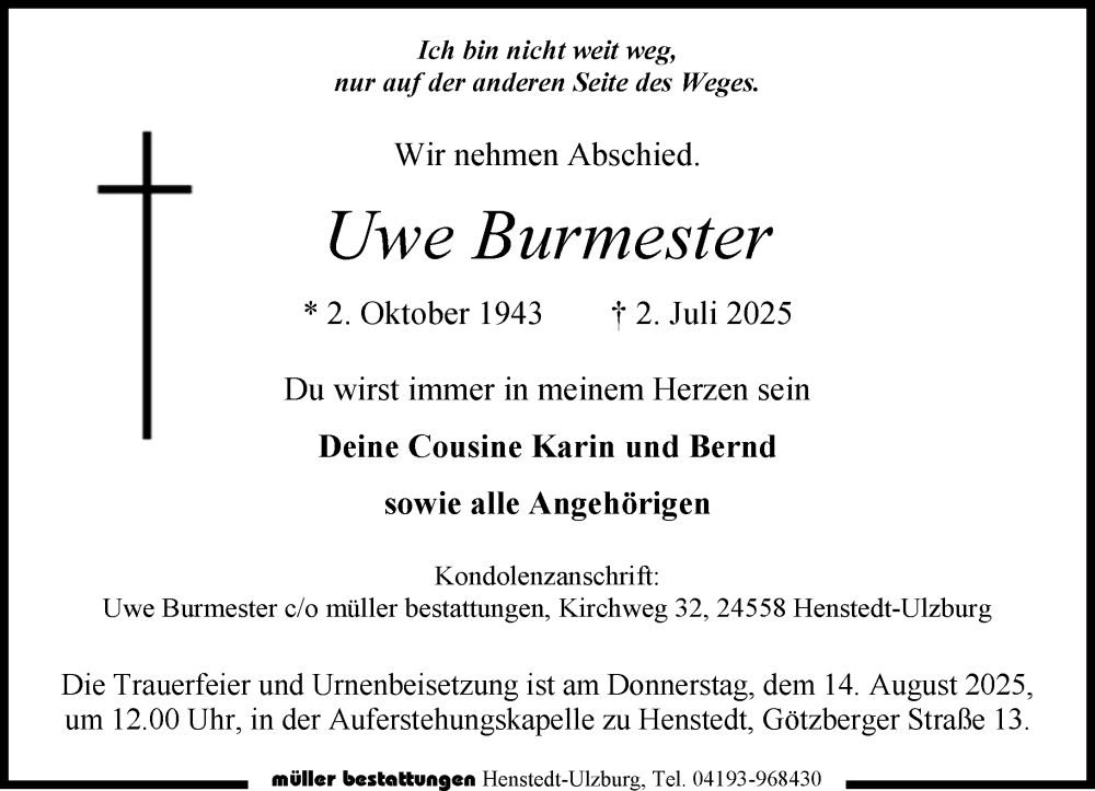  Traueranzeige für Uwe Burmester vom 09.08.2025 aus Umschau
