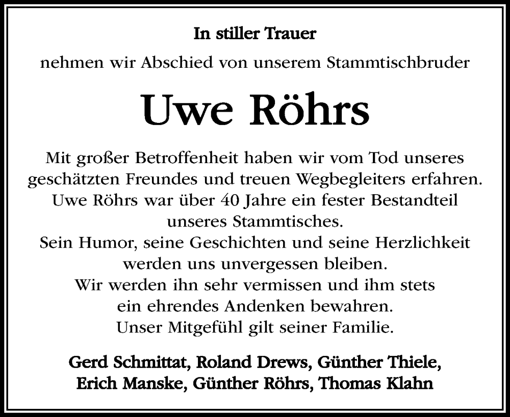  Traueranzeige für Uwe Röhrs vom 02.08.2025 aus MARKT Ratzeburg/Mölln