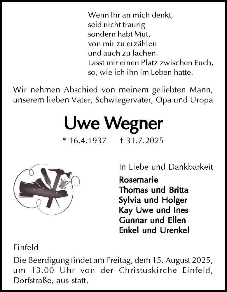  Traueranzeige für Uwe Wegner vom 09.08.2025 aus Holsteinischer Courier